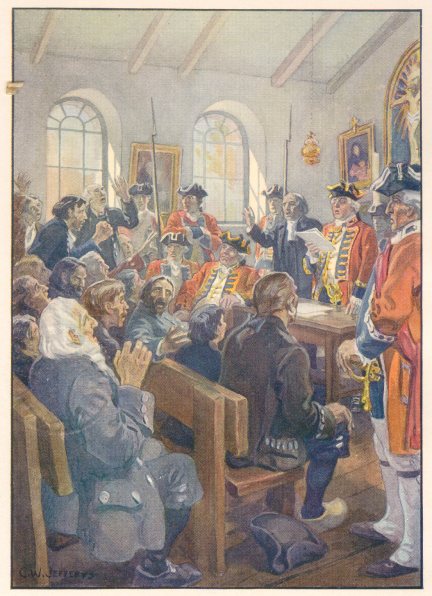 Deportation of Acadians order, read by Winslow in Grand-Pr church, painting by C.W. Jefferys