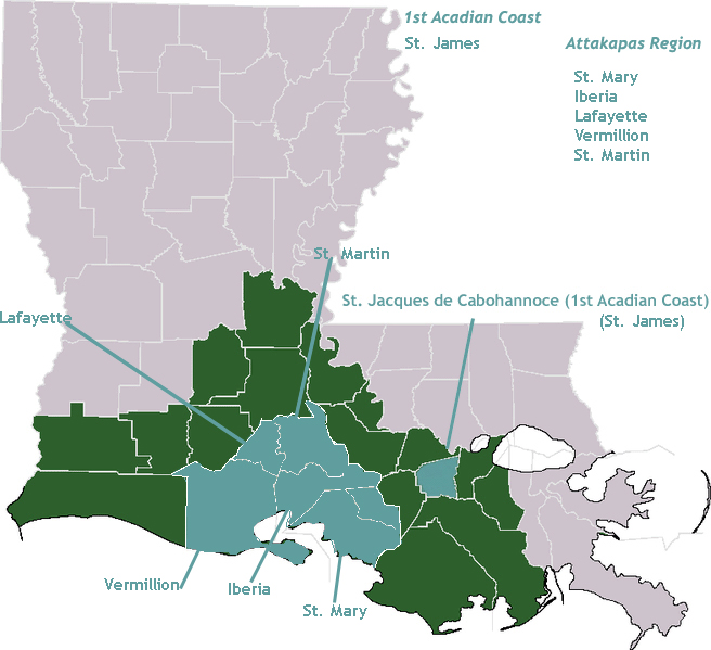 Regions settled by Acadians arriving in Louisiana from Le Grand Dérangement