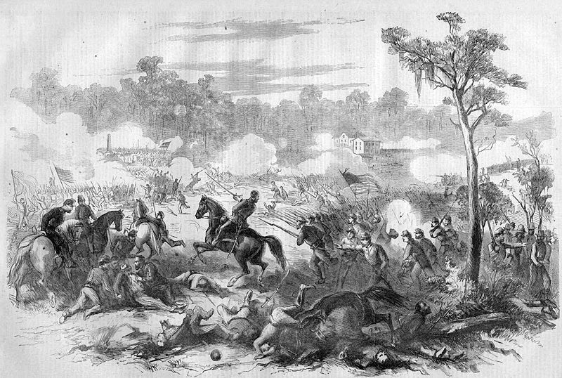 A line engraving of the battle published in Harper's Weekly, 1862